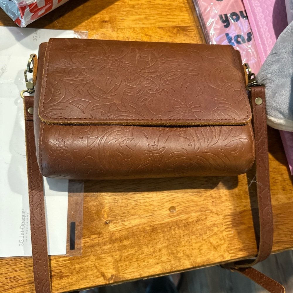 Portland Leather Floral Embossed Tan Crossbody Bag